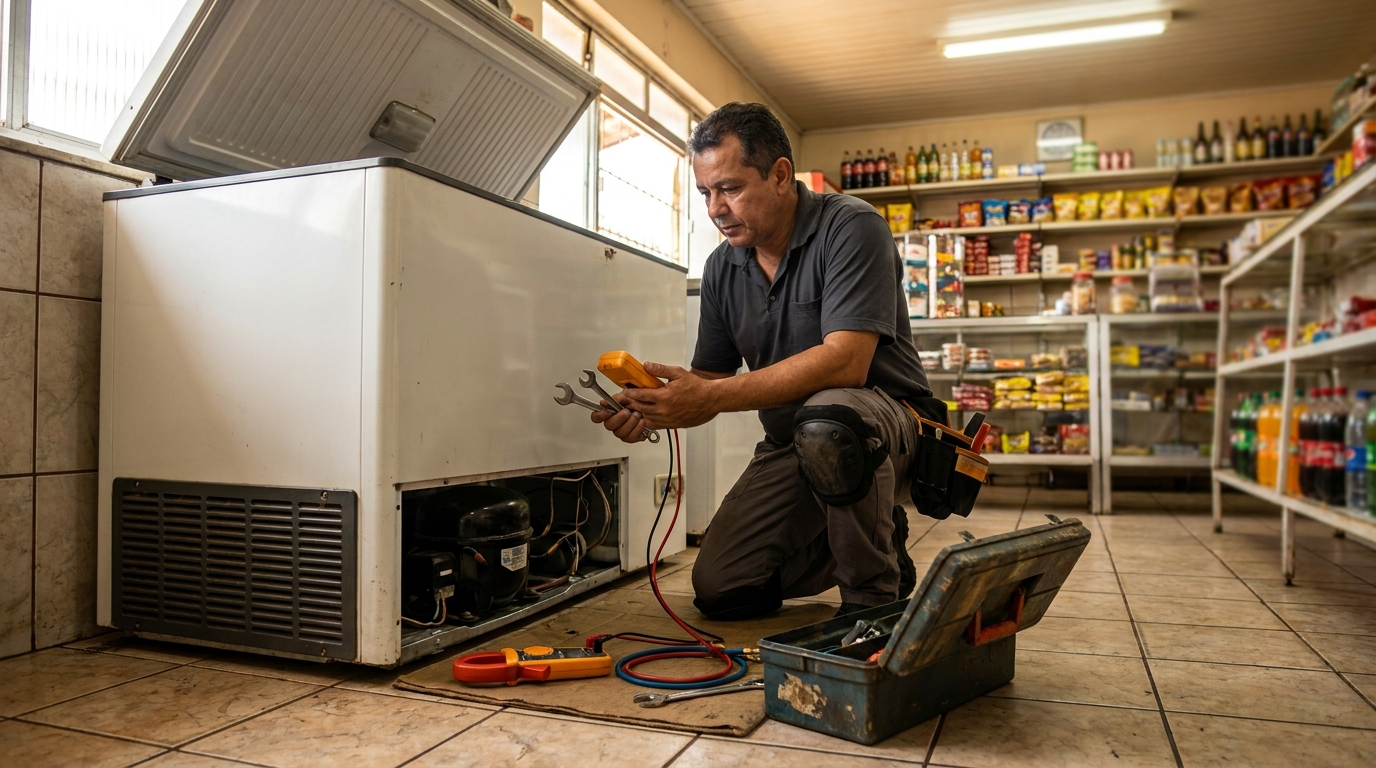Técnico reparando o motor de um freezer horizontal em Palmas‑TO