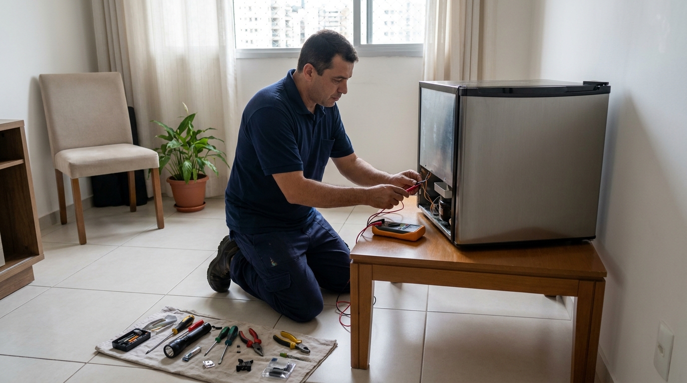 Técnico revisando o motor de um frigobar em Palmas‑TO