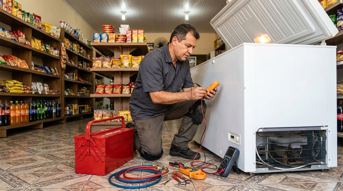 Manômetro conectado ao circuito durante recarga de gás de freezer em Palmas‑TO
