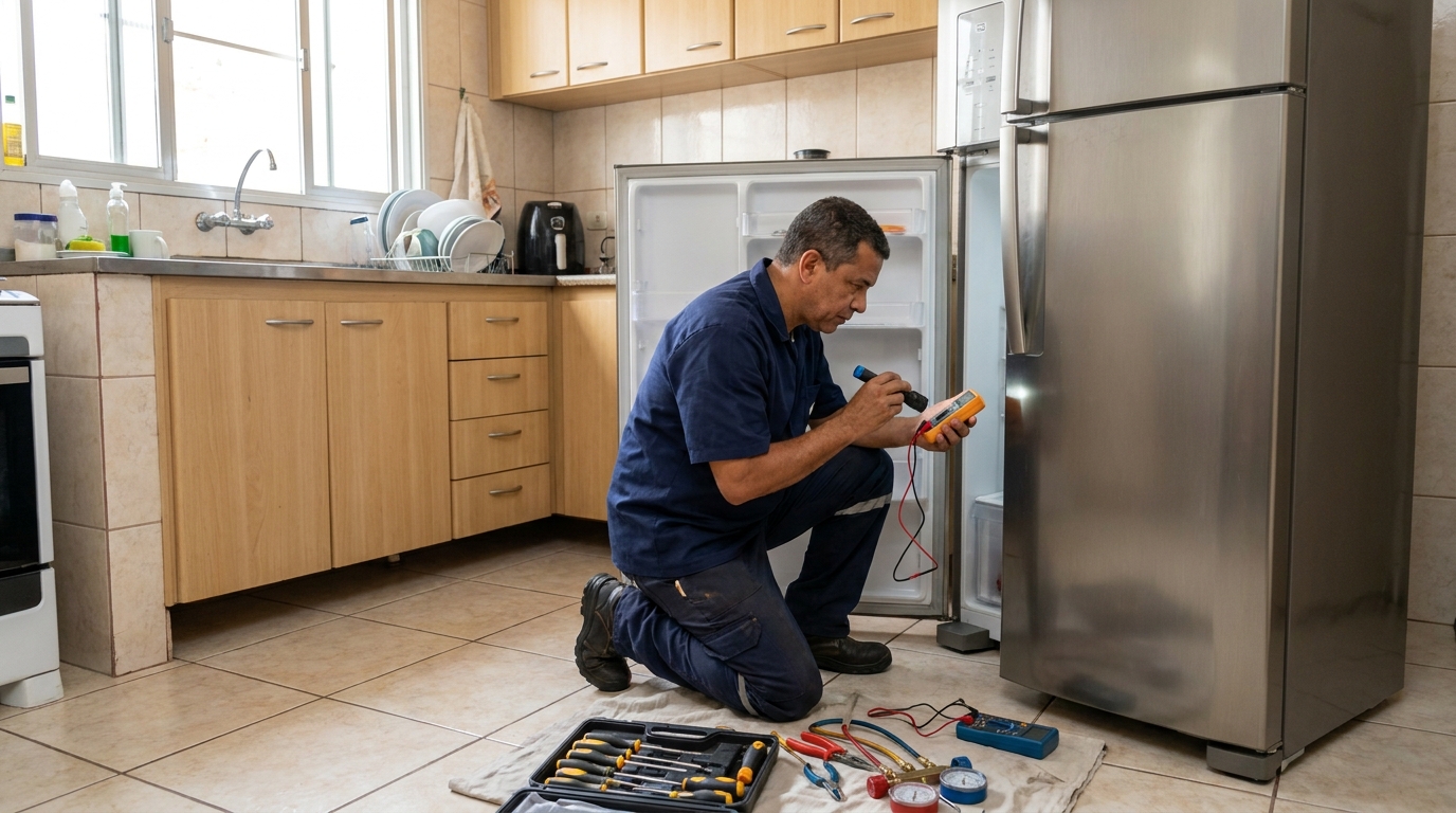 Técnico fazendo recarga de gás em geladeira de cliente em Palmas‑TO