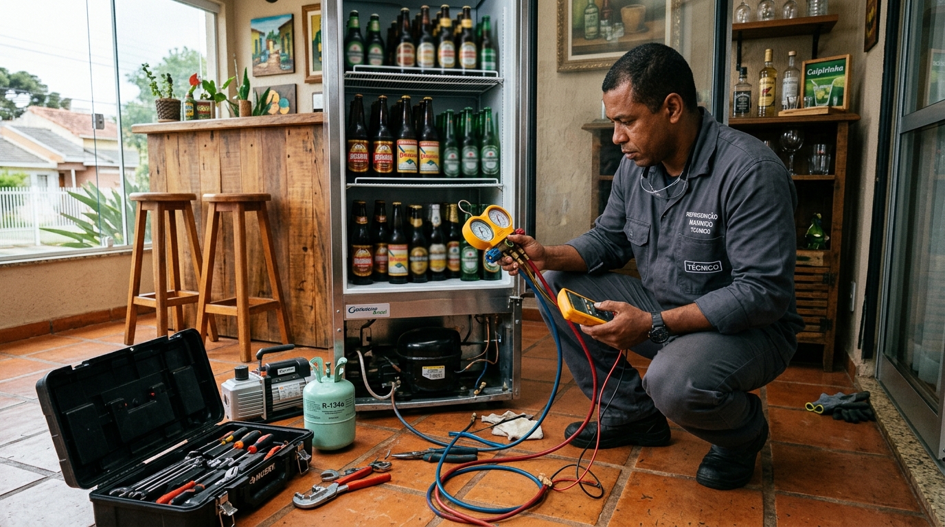 Técnico conferindo a temperatura de uma cervejeira durante atendimento em Palmas‑TO